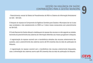 125
GESTÃO DA VIGILÂNCIA EM SAÚDE:
CONTRIBUIÇÕES PARA A GESTÃO MUNICIPAL
9- Preenchimento mensal da Tabela de Procedimentos de VISA no Sistema de Informação Ambulatorial
do SUS - SIA-SUS.
O bloqueio do repasse do Componente daVigilância Sanitária para Estados e Municípios dar-se-á caso
seja constatado o não cadastramento no CNES ou 2 (dois) meses consecutivos sem preenchimento
do SIA-SUS.
O Fundo Nacional de Saúde efetuará o desbloqueio do repasse dos recursos no mês seguinte ao restabe-
lecimento do preenchimento dos sistemas de informação referentes aos meses que geraram o bloqueio.
- A regularização do repasse ocorrerá com a transferência retroativa dos recursos anteriormente blo-
queados, caso o preenchimento dos sistemas ocorra até 90 (noventa) dias da data de publicação do
bloqueio.
- A regularização do repasse ocorrerá sem a transferência dos recursos anteriormente bloqueados,
caso a alimentação dos sistemas ocorra após 90 (noventa) dias da data de publicação do bloqueio.
 