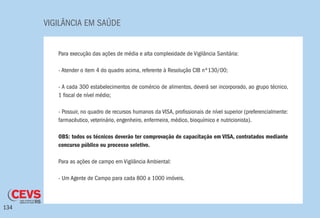 VIGILÂNCIA EM SAÚDE
134
Para execução das ações de média e alta complexidade de Vigilância Sanitária:
- Atender o item 4 do quadro acima, referente à Resolução CIB nº130/00;
- A cada 300 estabelecimentos de comércio de alimentos, deverá ser incorporado, ao grupo técnico,
1 fiscal de nível médio;
- Possuir, no quadro de recursos humanos da VISA, profissionais de nível superior (preferencialmente:
farmacêutico, veterinário, engenheiro, enfermeira, médico, bioquímico e nutricionista).
OBS: todos os técnicos deverão ter comprovação de capacitação em VISA, contratados mediante
concurso público ou processo seletivo.
Para as ações de campo em Vigilância Ambiental:
- Um Agente de Campo para cada 800 a 1000 imóveis.
 