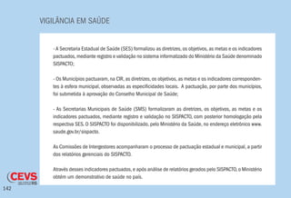 VIGILÂNCIA EM SAÚDE
142
- A Secretaria Estadual de Saúde (SES) formalizou as diretrizes, os objetivos, as metas e os indicadores
pactuados,mediante registro e validação no sistema informatizado do Ministério da Saúde denominado
SISPACTO;
- Os Municípios pactuaram, na CIR, as diretrizes, os objetivos, as metas e os indicadores corresponden-
tes à esfera municipal, observadas as especificidades locais. A pactuação, por parte dos municípios,
foi submetida à aprovação do Conselho Municipal de Saúde;
- As Secretarias Municipais de Saúde (SMS) formalizaram as diretrizes, os objetivos, as metas e os
indicadores pactuados, mediante registro e validação no SISPACTO, com posterior homologação pela
respectiva SES. O SISPACTO foi disponibilizado, pelo Ministério da Saúde, no endereço eletrônico www.
saude.gov.br/sispacto.
As Comissões de Intergestores acompanharam o processo de pactuação estadual e municipal, a partir
dos relatórios gerenciais do SISPACTO.
Através desses indicadores pactuados,e após análise de relatórios gerados pelo SISPACTO,o Ministério
obtém um demonstrativo de saúde no país.
 