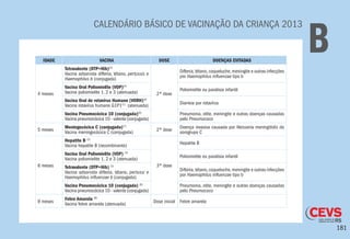181
CALENDÁRIO BÁSICO DE VACINAÇÃO DA CRIANÇA 2013
BIDADE VACINA DOSE DOENÇAS EVITADAS
4 meses
Tetravalente (DTP+Hib)(3)
Vacina adsorvida difteria, tétano, pertussis e
Haemophilus b (conjugada)
2ª dose
Difteria,tétano,coqueluche,meningite e outras infecções
por Haemophilus influenzae tipo b
Vacina Oral Poliomielite (VOP)(4)
Vacina poliomielite 1, 2 e 3 (atenuada)
Poliomielite ou paralisia infantil
Vacina Oral de rotavírus Humano (VORH)(5)
Vacina rotavírus humano G1P1(1)
(atenuada)
Diarreia por rotavírus
Vacina Pneumocócica 10 (conjugada)(6)
Vacina pneumocócica 10 - valente (conjugada)
Pneumonia, otite, meningite e outras doenças causadas
pelo Pneumococo
5 meses
Meningocócica C (conjugada)(7)
Vacina meningocócica C (conjugada)
2ª dose
Doença invasiva causada por Neisseria meningitidis do
sorogrupo C
6 meses
Hepatite B (2)
Vacina hepatite B (recombinante)
3ª dose
Hepatite B
Vacina Oral Poliomielite (VOP) (4)
Vacina poliomielite 1, 2 e 3 (atenuada)
Poliomielite ou paralisia infantil
Tetravalente (DTP+Hib) (3)
Vacina adsorvida difteria, tétano, pertussi e
Haemophilus influenzae b (conjugada)
Difteria,tétano,coqueluche,meningite e outras infecções
por Haemophilus influenzae tipo b
Vacina Pneumocócica 10 (conjugada) (6)
Vacina pneumocócica 10 - valente (conjugada)
Pneumonia, otite, meningite e outras doenças causadas
pelo Pneumococo
9 meses
Febre Amarela (8)
Vacina febre amarela (atenuada)
Dose inicial Febre amarela
 