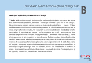 183
CALENDÁRIO BÁSICO DE VACINAÇÃO DA CRIANÇA 2013
BOrientações importantes para a vacinação da criança:
(1)
Vacina BCG: administrar o mais precoce possível,preferencialmente após o nascimento.Nos prema-
turos, com menos de 36 semanas, administrar a vacina após completar 1 (um) mês de vida e atingir 2
kg. Administrar uma dose em crianças menores de cinco anos de idade (4 anos 11 meses e 29 dias)
sem cicatriz vacinal.Contatos intradomiciliares de portadores de hanseníase menores de 1 (um) ano de
idade,comprovadamente vacinados,não necessitam da administração de outra dose de BCG.Contatos
de portadores de hanseníase com mais de 1 (um) ano de idade, sem cicatriz – administrar uma dose.
Contatos comprovadamente vacinados com a primeira dose – administrar outra dose de BCG. Manter
o intervalo mínimo de seis meses entre as doses da vacina. Contatos com duas doses, não administrar
nenhuma dose adicional. Na incerteza da existência de cicatriz vacinal ao exame dos contatos intrado-
miciliares de portadores de hanseníase, aplicar uma dose, independentemente da idade. Para criança
HIV positiva, a vacina deve ser administrada ao nascimento ou o mais precocemente possível. Para as
crianças que chegam aos serviços ainda não vacinadas, a vacina está contraindicada na existência de
sinais e sintomas de imunodeficiência, não se indica a revacinação de rotina. Para os portadores de
HIV (positivo), a vacina está contraindicada em qualquer situação.
 