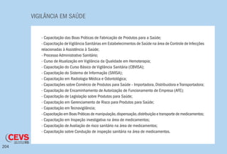 VIGILÂNCIA EM SAÚDE
204
- Capacitação das Boas Práticas de Fabricação de Produtos para a Saúde;
- Capacitação deVigilância Sanitárias em Estabelecimentos de Saúde na área de Controle de Infecções
relacionadas à Assistência à Saúde;
- Processo Administrativo Sanitário;
- Curso de Atualização em Vigilância da Qualidade em Hemoterapia;
- Capacitação do Curso Básico de Vigilância Sanitária (CBVISA);
- Capacitação do Sistema de Informação (SIVISA);
- Capacitação em Radiologia Médica e Odontológica;
- Capacitações sobre Comércio de Produtos para Saúde – Importadora, Distribuidora e Transportadora;
- Capacitação de Encaminhamento de Autorização de Funcionamento de Empresa (AFE);
- Capacitação de Legislação sobre Produtos para Saúde;
- Capacitação em Gerenciamento de Risco para Produtos para Saúde;
- Capacitação em Tecnovigilância;
- Capacitação em Boas Práticas de manipulação,dispensação,distribuição e transporte de medicamentos;
- Capacitação em Inspeção investigativa na área de medicamentos;
- Capacitação de Avaliação de risco sanitário na área de medicamentos;
- Capacitação sobre Condução de inspeção sanitária na área de medicamentos.
 