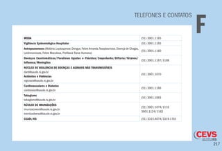 217
TELEFONES E CONTATOS
FMDDA (51) 3901.1165
Vigilância Epidemiológica Hospitalar (51) 3901.1165
Antropozoonoses (Malária,Leptospirose,Dengue,FebreAmarela,Toxoplasmose,Doença de Chagas,
Leishmanioses, Febre Maculosa, Profilaxia Raiva Humana)
(51) 3901.1160
Doenças Exantemáticas/Paralisias Agudas e Flácidas/Coqueluche/Difteria/Tétanos/
Influenza/Meningites
(51) 3901.1167/1168
NÚCLEO DE VIGILÂNCIA DE DOENÇAS E AGRAVOS NÃO TRANSMISSÍVEIS
dant@saude.rs.gov.br
Acidentes e Violências
vigicrack@saude.rs.gov.br
(51) 3901.1070
Cardiovasculares e Diabetes
cardiovasc@saude.rs.gov.br
(51) 3901.1166
Tabagismo
tabagismo@saude.rs.gov.br
(51) 3901.1093
NÚCLEO DE IMUNIZAÇÕES
imunizacoesrs@saude.rs.gov.br
eventoadverso@saude.rs.gov.br
(51) 3901.1074/1116
3901.1124/1162
CEADI/RS (51) 3315.4074/3319.1701
 