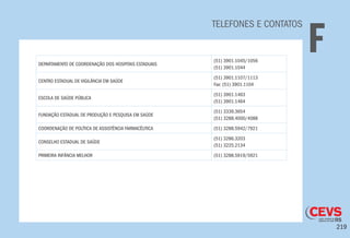 219
TELEFONES E CONTATOS
FDEPARTAMENTO DE COORDENAÇÃO DOS HOSPITAIS ESTADUAIS
(51) 3901.1045/1056
(51) 3901.1044
CENTRO ESTADUAL DE VIGILÂNCIA EM SAÚDE
(51) 3901.1107/1113
Fax: (51) 3901.1104
ESCOLA DE SAÚDE PÚBLICA
(51) 3901.1463
(51) 3901.1464
FUNDAÇÃO ESTADUAL DE PRODUÇÃO E PESQUISA EM SAÚDE
(51) 3339.3654
(51) 3288.4000/4088
COORDENAÇÃO DE POLÍTICA DE ASSISTÊNCIA FARMACÊUTICA (51) 3288.5942/7921
CONSELHO ESTADUAL DE SAÚDE
(51) 3286.3203
(51) 3225.2134
PRIMEIRA INFÂNCIA MELHOR (51) 3288.5919/5921
 