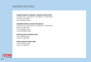 VIGILÂNCIA EM SAÚDE
220
FUNDAÇÃO ESTADUAL DE PRODUÇÃO E PESQUISA EM SAÚDE (FEPPS)
Av. Ipiranga, 5400 – Jardim Botânico – Porto Alegre/RS – CEP: 90610.000
Fone/Fax: (51) 3288.4000
E-mail: fepps@fepps.rs.gov.br
LABORATÓRIO CENTRAL DO ESTADO (IPB-LACEN/RS)
Av. Ipiranga, 5400 – Jardim Botânico – Porto Alegre/RS – CEP: 90610.000
Telefone: (51) 3288.4034
E-mail: lacen@fepps.rs.gov.br
ouvidorialacen@fepps.rs.gov.br
DIVISÃO DE ANÁLISE DE PRODUTOS (DAP)
E-mail: dap@fepps.rs.gov.br
Telefone: (51) 3288.4049
DIVISÃO DE BIOLOGIA MÉDICA (DBM)
E-mail: dbm@fepps.rs.gov.br
Telefone: (51) 3288.4043
 