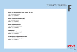 221
TELEFONES E CONTATOS
FDIVISÃO DE LABORATÓRIOS DE SAUDE PÚBLICA (DILASP)
E-mail: dilasp@fepps.rs.gov.br
Telefone: (51) 3288.4099
DIVISÃO DE APOIO OPERACIONAL (DAO)
E-mail: dao@fepps.rs.gov.br
Telefone: (51) 3288.4003
DIVISÃO ADMINISTRATIVA (DA)
E-mail: apoio.lacen@fepps.rs.gov.br
Telefone: (51) 3288.4004
ALMOXARIFADO
E-mail: almox.lacen@fepps.rs.gov.br
Telefone: (51) 3288.4009
SISTEMA DE GERENCIAMENTO DA QUALIDADE
E-mail: qualidade.lacen@fepps.rs.gov.br
Telefone: (51) 3288.4012
 