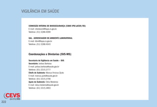 VIGILÂNCIA EM SAÚDE
222
COMISSÃO INTERNA DE BIOSSEGURANÇA (CIBIO IPB-LACEN/RS)
E-mail: cibiolacen@fepps.rs.gov.br
Telefone: (51) 3288.4099
GAL . GERENCIADOR DE AMBIENTE LABORATORIAL
E-mail: dbm@fepps.rs.gov.br
Telefone: (51) 3288.4043
Coordenações e Diretorias (SVS-MS)
Secretaria de Vigilância em Saúde – SVS
Secretário: Jarbas Barbosa
E-mail: jarbas.barbosa@saude.gov.br
Telefone: (61) 3315.3777
Chefe de Gabinete: Marcus Vinicius Quito
E-mail: marcus.quito@saude.gov.br
Telefone: (61) 3315.3706
Apoio do Gabinete: Cléia Medeiros
E-mail: cleia.medeiros@saude.gov.br
Telefone: (61) 3315.3903
 