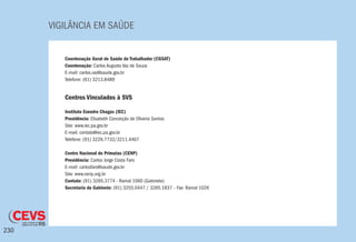 VIGILÂNCIA EM SAÚDE
230
Coordenação Geral de Saúde do Trabalhador (CGSAT)
Coordenação: Carlos Augusto Vaz de Souza
E-mail: carlos.vaz@saude.gov.br
Telefone: (61) 3213.8489
Centros Vinculados à SVS
Instituto Evandro Chagas (IEC)
Presidência: Elisabeth Conceição de Oliveira Santos
Site: www.iec.pa.gov.br
E-mail: contato@iec.pa.gov.br
Telefone: (91) 3226.7732/3211.4407
Centro Nacional de Primatas (CENP)
Presidência: Carlos Jorge Costa Faro
E-mail: carlosfaro@saude.gov.br
Site: www.cenp.org.br
Contato: (91) 3265.3774 - Ramal 1060 (Gabinete)
Secretaria do Gabinete: (91) 3255.0447 / 3265.1837 – Fax: Ramal 1026
 