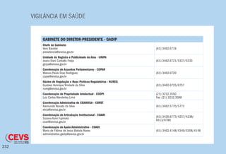 VIGILÂNCIA EM SAÚDE
232
GABINETE DO DIRETOR-PRESIDENTE - GADIP
Chefe de Gabinete
Vera Bacelar
presidencia@anvisa.gov.br
(61) 3462.6719
Unidade de Registro e Publicidade de Atos - UNIPA
Joana Darc Carballo Freijo
gerpa@anvisa.gov.br
(61) 3462.6721/5337/5333
Coordenação de Assuntos Parlamentares - COPAR
Marcos Paulo Dias Rodrigues
copar@anvisa.gov.br
(61) 3462.6720
Núcleo de Regulação e Boas Práticas Regulatórias - NUREG
Gustavo Henrique Trindade da Silva
nureg@anvisa.gov.br
(61) 3462.6725/6757
Coordenação de Propriedade Intelectual - COOPI
Luiz Carlos Wanderley Lima
(21) 3232.3550
Fax: (21) 3232.3588
Coordenação Admistrativa de CEANVISA - CORET
Raimundo Nonato da Silva
etica@anvisa.gov.br
(61) 3462.5770/5773
Coordenação de Articulação Institucional - COARI
Suzana Yumi Fujimoto
coari@anvisa.gov.br
(61) 3426.6773/4237/4238/
6513/6780
Coordenação de Apoio Administrativo - COADI
Maria de Fátima de Jesus Batista Naves
administrativo.gadip@anvisa.gov.br
(61) 3462.4148/4349/5308/4148
 
