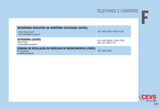 233
TELEFONES E CONTATOS
FSECRETARIA EXECUTIVA DA DIRETORIA COLEGIADA (SECOL)
Iliana Alves Canoff
dicol.pauta@anvisa.gov.br
(61) 3462.4203/4352/4128
OUVIDORIA (OUVID)
Eliana Pinto
ouvidoria@anvisa.gov.br
(61) 3462.6840/ 5786 /6792
Fax: (61) 3462.5772
CÂMARA DE REGULAÇÃO DO MERCADO DE MEDICAMENTOS (CMED)
Ivo Bucaresky
cmed@anvisa.gov.br
(61) 3462.4352
 