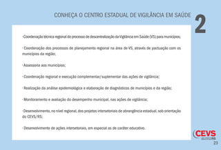 23
CONHEÇA O CENTRO ESTADUAL DE VIGILÂNCIA EM SAÚDE
2• CoordenaçãotécnicaregionaldoprocessodedescentralizaçãodaVigilânciaemSaúde(VS)paramunicípios;
• Coordenação dos processos de planejamento regional na área de VS, através de pactuação com os
municípios da região;
• Assessoria aos municípios;
• Coordenação regional e execução complementar/suplementar das ações de vigilância;
• Realização da análise epidemiológica e elaboração de diagnósticos de municípios e da região;
• Monitoramento e avaliação do desempenho municipal, nas ações de vigilância;
• Desenvolvimento,no nível regional,dos projetos intersetoriais de abrangência estadual,sob orientação
do CEVS/RS;
• Desenvolvimento de ações intersetoriais, em especial as de caráter educativo.
 