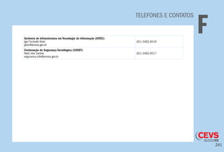 241
TELEFONES E CONTATOS
FGerência de Infraestrutura em Tecnologia da Informação (GITEC)
Igor Ticchetti Kishi
gitec@anvisa.gov.br
(61) 3462.6519
Cordenação de Segurança Tecnólogica (COSET)
Nelci dos Santos
seguranca.info@anvisa.gov.br
(61) 3462.6517
 