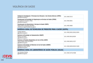 VIGILÂNCIA EM SAÚDE
248
Unidade de Investigação e Prevenção das Infecções e dos Eventos Adversos (UIPEA)
gipea@anvisa.gov.br
(61) 3462.5313
Coordenação de Tecnologia da Organização em Serviços de Saúde (CTOSS)
Luiz Carlos da Fonseca e Silva
gtoss@anvisa.gov.br
(61) 3462.6651
Coordenação de Infraestrutura e Serviços de Saúde (CINFS)
Regina Maria Gonçalves Barcellos
arquitetura.engenharia@anvisa.gov.br
(61) 3462.6883
GERÊNCIA GERAL DE TECNOLOGIA DE PRODUTOS PARA A SAÚDE (GGTPS)
Joselito Pedrosa
ggtps@anvisa.gov.br
(61) 3462.6502/6503/6504
Gerência de Tecnologia em Equipamentos (GQUIP)
Marcio Luiz Varani
ggtps@anvisa.gov.br
(61) 3462.6618/6620
Gerência de Produtos Diagnósticos de Uso In Vitro (GEVIT)
Letícia Seixas Prata da Fonseca
ggtps@anvisa.gov.br
(61) 3462.6635/4227
Gerência de Tecnologia de Materiais de Uso Em Saúde (GEMAT)
Walfredo da Silva Camon
ggtps@anvisa.gov.br
(61) 3462.6628/6634/5383
GERÊNCIA GERAL DE LABORATÓRIOS DE SAÚDE PÚBLICA (GGLAS)
Laís Santana Dantas
gglas@anvisa.gov.br
(61) 3462.5476/4008
 
