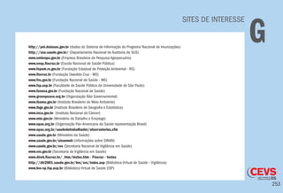 253
SITES DE INTERESSE
Ghttp://pni.datasus.gov.br (dados do Sistema de Informação do Programa Nacional de Imunizações)
http://sna.saude.gov.br/ (Departamento Nacional de Auditoria do SUS)
www.embrapa.gov.br (Empresa Brasileira de Pesquisa Agropecuária)
www.ensp.fiocruz.br (Escola Nacional de Saúde Pública)
www.fepam.rs.gov.br (Fundação Estadual de Proteção Ambiental - RS)
www.fiocruz.br (Fundação Oswaldo Cruz - MS)
www.fns.gov.br (Fundação Nacional de Saúde - MS)
www.fsp.usp.br (Faculdade de Saúde Pública da Universidade de São Paulo)
www.funasa.gov.br (Fundação Nacional de Saúde)
www.greenpeace.org.br (Organização Não Governamental)
www.ibama.gov.br (Instituto Brasileiro do Meio Ambiente)
www.ibge.gov.br (Instituto Brasileiro de Geografia e Estatística)
www.inca.gov.br (Instituto Nacional do Câncer)
www.mte.gov.br (Ministério do Trabalho e Emprego)
www.opas.org.br (Organização Pan-Americana da Saúde representação Brasil)
www.opas.org.br/saudedotrabalhador/observatorios.cfm
www.saude.gov.br (Ministério da Saúde)
www.saude.gov.br/sinanweb (informações sobre SINAN)
www.saude.gov.br/svs (Secretaria Nacional de Vigilância em Saúde)
www.svs.gov.br (Secretaria de Vigilância em Saúde)
www.direb.fiocruz.br/_htm/textos.htm - Fiocruz - textos
http://dtr2001.saude.gov.br/bvs/svs/index.asp (Biblioteca Virtual de Saúde – Vigilância)
www.bvs-sp.fsp.usp.br (Biblioteca Virtual de Saúde USP)
 