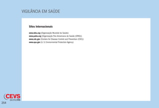 VIGILÂNCIA EM SAÚDE
254
Sites Internacionais
www.who.org (Organização Mundial da Saúde)
www.paho.org (Organização Pan-Americana de Saúde (OPAS))
www.cdc.gov (Centers for Disease Control and Prevention (CDC))
www.epa.gov (U. S. Environmental Protection Agency)
 