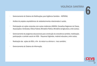 67
VIGILÂNCIA SANITÁRIA
6•	 Gerenciamento do Sistema de Notificações para Vigilância Sanitária – NOTIVISA;
•	 Análise de projetos arquitetônicos de estabelecimentos relacionados à saúde;
•	 Participação em ações conjuntas com outras instâncias (ANVISA, Conselhos Regionais de Classe,
Associações e Sindicatos,Polícia Federal,Ministério Público,Ministério daAgricultura,entre outros);
•	 Gerenciamento de programas educacionais para construção da consciência sanitária,mobilização,
participação e controle social em VISA - Pequenos Vigilantes, material educativo, entre outros;
•	 Realização das ações da VISA, a fim de reduzir ou eliminar o risco sanitário;
•	 Gerenciamento do Sistema de Informação.
 