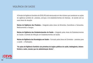 VIGILÂNCIA EM SAÚDE
68
A Divisão deVigilância Sanitária do CEVS/RS está estruturada em três núcleos que coordenam as ações
de vigilância sanitária de produtos, serviços e de estabelecimentos de interesse, de acordo com as
suas áreas de atuação:
Núcleo de Vigilância dos Produtos – Integrado pelas áreas de Alimentos, Cosméticos e Saneantes,
Medicamentos e Sangue;
Núcleo de Vigilância dos Estabelecimentos de Saúde – Integrado pelas áreas de Estabelecimentos
de Saúde e Controle de Infecção em Estabelecimentos de Saúde;
Núcleo de Vigilância das Tecnologias em Saúde – Formado pelas áreas de Correlatos – produtos para
a saúde – e Radiações;
“As ações de Vigilância Sanitária são privativas de órgãos públicos de saúde, indelegáveis, intrans-
feríveis a outro, mesmo que da administração direta”.
 