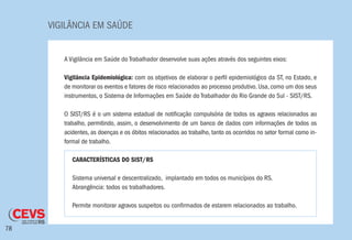 VIGILÂNCIA EM SAÚDE
78
A Vigilância em Saúde do Trabalhador desenvolve suas ações através dos seguintes eixos:
Vigilância Epidemiológica: com os objetivos de elaborar o perfil epidemiológico da ST, no Estado, e
de monitorar os eventos e fatores de risco relacionados ao processo produtivo. Usa, como um dos seus
instrumentos, o Sistema de Informações em Saúde do Trabalhador do Rio Grande do Sul - SIST/RS.
O SIST/RS é o um sistema estadual de notificação compulsória de todos os agravos relacionados ao
trabalho, permitindo, assim, o desenvolvimento de um banco de dados com informações de todos os
acidentes, as doenças e os óbitos relacionados ao trabalho, tanto os ocorridos no setor formal como in-
formal de trabalho.
CARACTERÍSTICAS DO SIST/RS
Sistema universal e descentralizado, implantado em todos os municípios do RS.
Abrangência: todos os trabalhadores.
Permite monitorar agravos suspeitos ou confirmados de estarem relacionados ao trabalho.
 