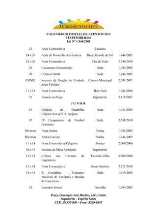 CALENDÁRIO OFICIAL DE EVENTOS 2013
ITAPEMIRIM/ES
Lei Nº 1.944/2005
22

Festa Comunitária

Candeus

24 a 26

Festa de Nossa Sra Auxiliadora

25 e 26

Festa Comunitária

Brejo Grande do Sul

1.944/2005

Ilha do Gato

2.348/2010

25

Casamento Comunitário

Sede

1.944/2005

30

Corpus Christi

Sede

1.944/2005

Câmara Municipal

2.091/2007

Bom Será

1.944/2004

Itapemirim

2.118/2007

CONIC

Semana de Oração de Unidade
pelos Cristãos

17 e 18

Festa Comunitária

31

Passeio na Praça
JUNHO

01

Festival
de
Quadrilha
Caipira/Arraiá N. S. Amparo

Sede

1.944/2005

07

IV Campeonato
Feminino

Sede

2.338/2010

de

Futebol

Diversas

Festa Junina

Várias

1.944/2005

Diversas

Arraiá Escolar

Várias

1.944/2005

11 a 14

Festa Comunitária/Religiosa

Gomes

2.000/2006

10 a 13

Semana do Meio Ambiente

Itapemirim

12 e 13

Cultura
nas
Itapemirim

13 e 14

Festa Comunitária

15 e 16

X Confabani – Concurso
Nacional de Fanfarras e Bandas
de Itapemirim

18

Encontro Jovem

Estradas

de

Fazenda Velha

2.000/2006

Santo Antônio

2.351/2010

Sede

1.919/2005

Garrafão

1.944/2005

Praça Domingos José Martins, s/nº, Centro
Itapemirim – Espírito Santo
CEP: 29.330-000 – Fone: 3529-6347

 