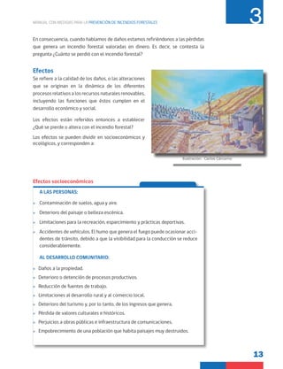13
MANUAL CON MEDIDAS PARA LA PREVENCIÓN DE INCENDIOS FORESTALES 3
En consecuencia, cuando hablamos de daños estamos refiriéndonos a las pérdidas
que genera un incendio forestal valoradas en dinero. Es decir, se contesta la
pregunta ¿Cuánto se perdió con el incendio forestal?
Efectos
Se refiere a la calidad de los daños, o las alteraciones
que se originan en la dinámica de los diferentes
procesos relativos a los recursos naturales renovables,
incluyendo las funciones que éstos cumplen en el
desarrollo económico y social.
Los efectos están referidos entonces a establecer
¿Qué se pierde o altera con el incendio forestal?
Los efectos se pueden dividir en socioeconómicos y
ecológicos, y corresponden a:
Efectos socioeconómicos
A LAS PERSONAS:
»
» Contaminación de suelos, agua y aire.
»
» Deterioro del paisaje o belleza escénica.
»
» Limitaciones para la recreación, esparcimiento y prácticas deportivas.
»
» Accidentes de vehículos. El humo que genera el fuego puede ocasionar acci-
dentes de tránsito, debido a que la visibilidad para la conducción se reduce
considerablemente.
AL DESARROLLO COMUNITARIO:
»
» Daños a la propiedad.
»
» Deterioro o detención de procesos productivos.
»
» Reducción de fuentes de trabajo.
»
» Limitaciones al desarrollo rural y al comercio local.
»
» Deterioro del turismo y, por lo tanto, de los ingresos que genera.
»
» Pérdida de valores culturales e históricos.
»
» Perjuicios a obras públicas e infraestructura de comunicaciones.
»
» Empobrecimiento de una población que habita paisajes muy destruidos.
Ilustración: Carlos Cárcamo
 
