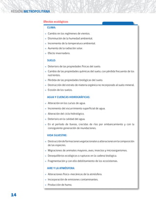 14
REGIÓN METROPOLITANA
Efectos ecológicos
CLIMA:
»
» Cambio en los regímenes de vientos.
»
» Disminución de la humedad ambiental.
»
» Incremento de la temperatura ambiental.
»
» Aumento de la radiación solar.
»
» Efecto invernadero.
SUELO:
»
» Deterioro de las propiedades físicas del suelo.
»
» Cambio de las propiedades químicas del suelo, con pérdida frecuente de los
nutrientes.
»
» Pérdida de las propiedades biológicas del suelo.
»
» Destrucción del estrato de materia orgánica no incorporado al suelo mineral.
»
» Erosión de los suelos.
AGUA Y CUENCAS HIDROGRÁFICAS:
»
» Alteración en los cursos de agua.
»
» Incremento del escurrimiento superficial de agua.
»
» Alteración del ciclo hidrológico.
»
» Deterioro en la calidad del agua.
»
» En el período de lluvias, crecidas de ríos por embancamiento y con la
consiguiente generación de inundaciones.
VIDA SILVESTRE:
»
» Destruccióndeformacionesvegetacionalesoalteracionesenlacomposición
de las especies.
»
» Migraciones de animales mayores, aves, insectos y microorganismos.
»
» Desequilibrios ecológicos o rupturas en la cadena biológica.
»
» Fragmentación y con ello debilitamiento de los ecosistemas.
AIRE Y LA ATMÓSFERA:
»
» Alteraciones físico-mecánicas de la atmósfera.
»
» Incorporación de emisiones contaminantes.
»
» Producción de humo.
 