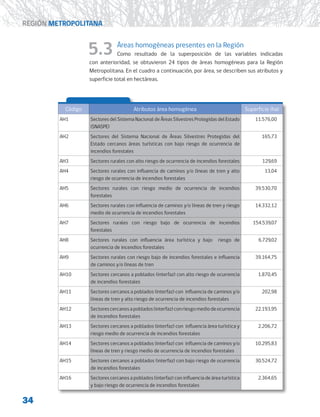 34
REGIÓN METROPOLITANA
5.3 Áreas homogéneas presentes en la Región
Como resultado de la superposición de las variables indicadas
con anterioridad, se obtuvieron 24 tipos de áreas homogéneas para la Región
Metropolitana. En el cuadro a continuación, por área, se describen sus atributos y
superficie total en hectáreas.
Código Atributos área homogénea Superficie (ha)
AH1 Sectores del Sistema Nacional de Áreas Silvestres Protegidas del Estado
(SNASPE)
11.576,00
AH2 Sectores del Sistema Nacional de Áreas Silvestres Protegidas del
Estado cercanos áreas turísticas con bajo riesgo de ocurrencia de
incendios forestales
165,73
AH3 Sectores rurales con alto riesgo de ocurrencia de incendios forestales 129,69
AH4 Sectores rurales con influencia de caminos y/o líneas de tren y alto
riesgo de ocurrencia de incendios forestales
13,04
AH5 Sectores rurales con riesgo medio de ocurrencia de incendios
forestales
39.530,70
AH6 Sectores rurales con influencia de caminos y/o líneas de tren y riesgo
medio de ocurrencia de incendios forestales
14.332,12
AH7 Sectores rurales con riesgo bajo de ocurrencia de incendios
forestales
154.539,07
AH8 Sectores rurales con influencia área turística y bajo riesgo de
ocurrencia de incendios forestales
6.729,02
AH9 Sectores rurales con riesgo bajo de incendios forestales e influencia
de caminos y/o líneas de tren
39.164,75
AH10 Sectores cercanos a poblados (interfaz) con alto riesgo de ocurrencia
de incendios forestales
1.870,45
AH11 Sectores cercanos a poblados (interfaz) con influencia de caminos y/o
líneas de tren y alto riesgo de ocurrencia de incendios forestales
202,98
AH12 Sectorescercanosapoblados(interfaz)conriesgomediodeocurrencia
de incendios forestales
22.193,95
AH13 Sectores cercanos a poblados (interfaz) con influencia área turística y
riesgo medio de ocurrencia de incendios forestales
2.206,72
AH14 Sectores cercanos a poblados (interfaz) con influencia de caminos y/o
líneas de tren y riesgo medio de ocurrencia de incendios forestales
10.295,83
AH15 Sectores cercanos a poblados (interfaz) con bajo riesgo de ocurrencia
de incendios forestales
30.524,72
AH16 Sectores cercanos a poblados (interfaz) con influencia de área turística
y bajo riesgo de ocurrencia de incendios forestales
2.364,65
 