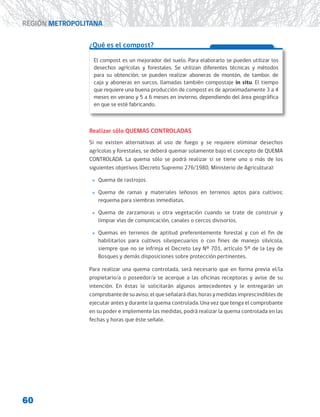 60
REGIÓN METROPOLITANA
¿Qué es el compost?
El compost es un mejorador del suelo. Para elaborarlo se pueden utilizar los
desechos agrícolas y forestales. Se utilizan diferentes técnicas y métodos
para su obtención; se pueden realizar aboneras de montón, de tambor, de
caja y aboneras en surcos, llamadas también compostaje in situ. El tiempo
que requiere una buena producción de compost es de aproximadamente 3 a 4
meses en verano y 5 a 6 meses en invierno, dependiendo del área geográfica
en que se esté fabricando.
Realizar sólo QUEMAS CONTROLADAS
Si no existen alternativas al uso de fuego y se requiere eliminar desechos
agrícolas y forestales, se deberá quemar solamente bajo el concepto de QUEMA
CONTROLADA. La quema sólo se podrá realizar si se tiene uno o más de los
siguientes objetivos (Decreto Supremo 276/1980, Ministerio de Agricultura):
»
» Quema de rastrojos.
»
» Quema de ramas y materiales leñosos en terrenos aptos para cultivos;
requema para siembras inmediatas.
»
» Quema de zarzamoras u otra vegetación cuando se trate de construir y
limpiar vías de comunicación, canales o cercos divisorios.
»
» Quemas en terrenos de aptitud preferentemente forestal y con el fin de
habilitarlos para cultivos silvopecuarios o con fines de manejo silvícola,
siempre que no se infrinja el Decreto Ley Nº 701, artículo 5º de la Ley de
Bosques y demás disposiciones sobre protección pertinentes.
Para realizar una quema controlada, será necesario que en forma previa el/la
propietario/a o poseedor/a se acerque a las oficinas receptoras y avise de su
intención. En éstas le solicitarán algunos antecedentes y le entregarán un
comprobante de su aviso, el que señalará días, horas y medidas imprescindibles de
ejecutar antes y durante la quema controlada. Una vez que tenga el comprobante
en su poder e implemente las medidas, podrá realizar la quema controlada en las
fechas y horas que éste señale.
 