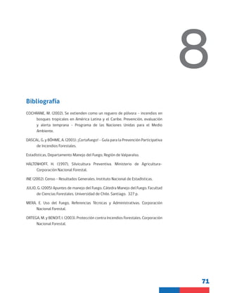 71
8
Bibliografía
COCHRANE, M. (2002), Se extienden como un reguero de pólvora - incendios en
bosques tropicales en América Latina y el Caribe. Prevención, evaluación
y alerta temprana - Programa de las Naciones Unidas para el Medio
Ambiente.
DASCAL, G. y BÖHME, A. (2001). ¡Cortafuego! - Guía para la Prevención Participativa
de Incendios Forestales.
Estadísticas, Departamento Manejo del Fuego, Región de Valparaíso.
HALTENHOFF, H. (1997), Silvicultura Preventiva. Ministerio de Agricultura-
Corporación Nacional Forestal.
INE (2002). Censo - Resultados Generales. Instituto Nacional de Estadísticas.
JULIO, G. (2005) Apuntes de manejo del Fuego. Cátedra Manejo del Fuego. Facultad
de Ciencias Forestales. Universidad de Chile. Santiago. 327 p.
MERA, E. Uso del Fuego, Referencias Técnicas y Administrativas. Corporación
Nacional Forestal.
ORTEGA, M. y BENOIT, I. (2003). Protección contra Incendios Forestales. Corporación
Nacional Forestal.
 