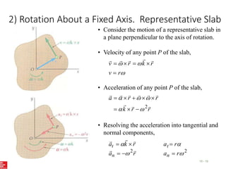 2) Rotation About a Fixed Axis. Representative Slab
15 - 10
• Consider the motion of a representative slab in
a plane perpendicular to the axis of rotation.
• Velocity of any point P of the slab,



r
v
r
k
r
v










• Acceleration of any point P of the slab,
r
r
k
r
r
a









2













• Resolving the acceleration into tangential and
normal components,
2
2




r
a
r
a
r
a
r
k
a
n
n
t
t











 