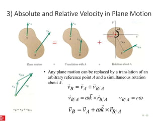 3) Absolute and Relative Velocity in Plane Motion
15 - 22
• Any plane motion can be replaced by a translation of an
arbitrary reference point A and a simultaneous rotation
about A.
A
B
A
B v
v
v






 r
v
r
k
v A
B
A
B
A
B 





A
B
A
B r
k
v
v






 
 