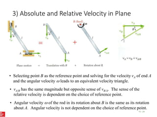 3) Absolute and Relative Velocity in Plane
Motion
15 - 24
• Selecting point B as the reference point and solving for the velocity vA of end A
and the angular velocity  leads to an equivalent velocity triangle.
• vA/B has the same magnitude but opposite sense of vB/A. The sense of the
relative velocity is dependent on the choice of reference point.
• Angular velocity  of the rod in its rotation about B is the same as its rotation
about A. Angular velocity is not dependent on the choice of reference point.
 