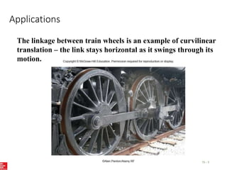 Applications
15 - 3
The linkage between train wheels is an example of curvilinear
translation – the link stays horizontal as it swings through its
motion.
 