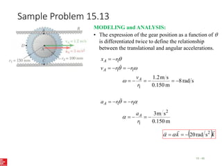 Sample Problem 15.13
15 - 45
MODELING and ANALYSIS:
• The expression of the gear position as a function of 
is differentiated twice to define the relationship
between the translational and angular accelerations.



1
1
1
r
r
v
r
x
A
A







s
rad
8
m
0.150
s
m
2
.
1
1






r
vA


 1
1 r
r
aA 


 

m
150
.
0
s
m
3 2
1




r
aA

 k
k


 2
s
rad
20




 