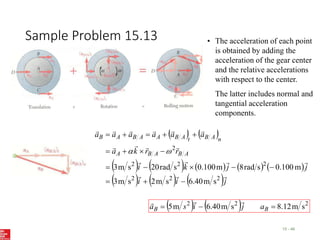 Sample Problem 15.13
15 - 46
   
         
     j
i
i
j
j
k
i
r
r
k
a
a
a
a
a
a
a
A
B
A
B
A
n
A
B
t
A
B
A
A
B
A
B

















2
2
2
2
2
2
2
s
m
40
.
6
s
m
2
s
m
3
m
100
.
0
s
rad
8
m
100
.
0
s
rad
20
s
m
3



















    2
2
2
s
m
12
.
8
s
m
40
.
6
m
5 

 B
B a
j
i
s
a



• The acceleration of each point
is obtained by adding the
acceleration of the gear center
and the relative accelerations
with respect to the center.
The latter includes normal and
tangential acceleration
components.
 