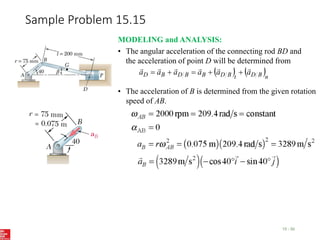 Sample Problem 15.15
15 - 50
• The acceleration of B is determined from the given rotation
speed of AB.
MODELING and ANALYSIS:
• The angular acceleration of the connecting rod BD and
the acceleration of point D will be determined from
   n
B
D
t
B
D
B
B
D
B
D a
a
a
a
a
a











 