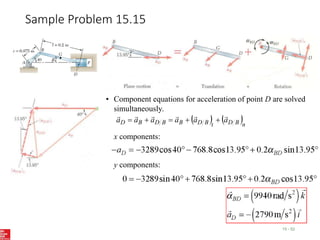 Sample Problem 15.15
15 - 52
   n
B
D
t
B
D
B
B
D
B
D a
a
a
a
a
a











• Component equations for acceleration of point D are solved
simultaneously.
x components:
y components:
 
