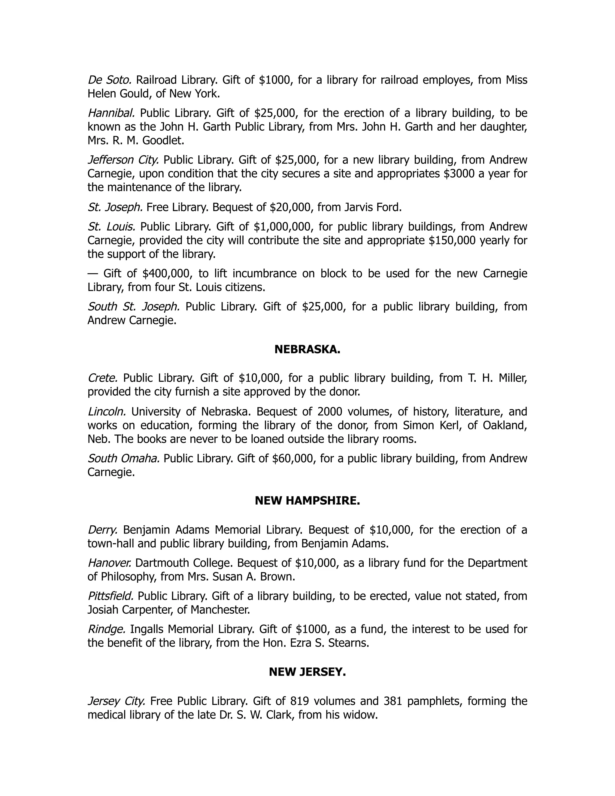 De Soto. Railroad Library. Gift of $1000, for a library for railroad employes, from Miss
Helen Gould, of New York.
Hannibal. Public Library. Gift of $25,000, for the erection of a library building, to be
known as the John H. Garth Public Library, from Mrs. John H. Garth and her daughter,
Mrs. R. M. Goodlet.
Jefferson City. Public Library. Gift of $25,000, for a new library building, from Andrew
Carnegie, upon condition that the city secures a site and appropriates $3000 a year for
the maintenance of the library.
St. Joseph. Free Library. Bequest of $20,000, from Jarvis Ford.
St. Louis. Public Library. Gift of $1,000,000, for public library buildings, from Andrew
Carnegie, provided the city will contribute the site and appropriate $150,000 yearly for
the support of the library.
— Gift of $400,000, to lift incumbrance on block to be used for the new Carnegie
Library, from four St. Louis citizens.
South St. Joseph. Public Library. Gift of $25,000, for a public library building, from
Andrew Carnegie.
NEBRASKA.
Crete. Public Library. Gift of $10,000, for a public library building, from T. H. Miller,
provided the city furnish a site approved by the donor.
Lincoln. University of Nebraska. Bequest of 2000 volumes, of history, literature, and
works on education, forming the library of the donor, from Simon Kerl, of Oakland,
Neb. The books are never to be loaned outside the library rooms.
South Omaha. Public Library. Gift of $60,000, for a public library building, from Andrew
Carnegie.
NEW HAMPSHIRE.
Derry. Benjamin Adams Memorial Library. Bequest of $10,000, for the erection of a
town-hall and public library building, from Benjamin Adams.
Hanover. Dartmouth College. Bequest of $10,000, as a library fund for the Department
of Philosophy, from Mrs. Susan A. Brown.
Pittsfield. Public Library. Gift of a library building, to be erected, value not stated, from
Josiah Carpenter, of Manchester.
Rindge. Ingalls Memorial Library. Gift of $1000, as a fund, the interest to be used for
the benefit of the library, from the Hon. Ezra S. Stearns.
NEW JERSEY.
Jersey City. Free Public Library. Gift of 819 volumes and 381 pamphlets, forming the
medical library of the late Dr. S. W. Clark, from his widow.
 