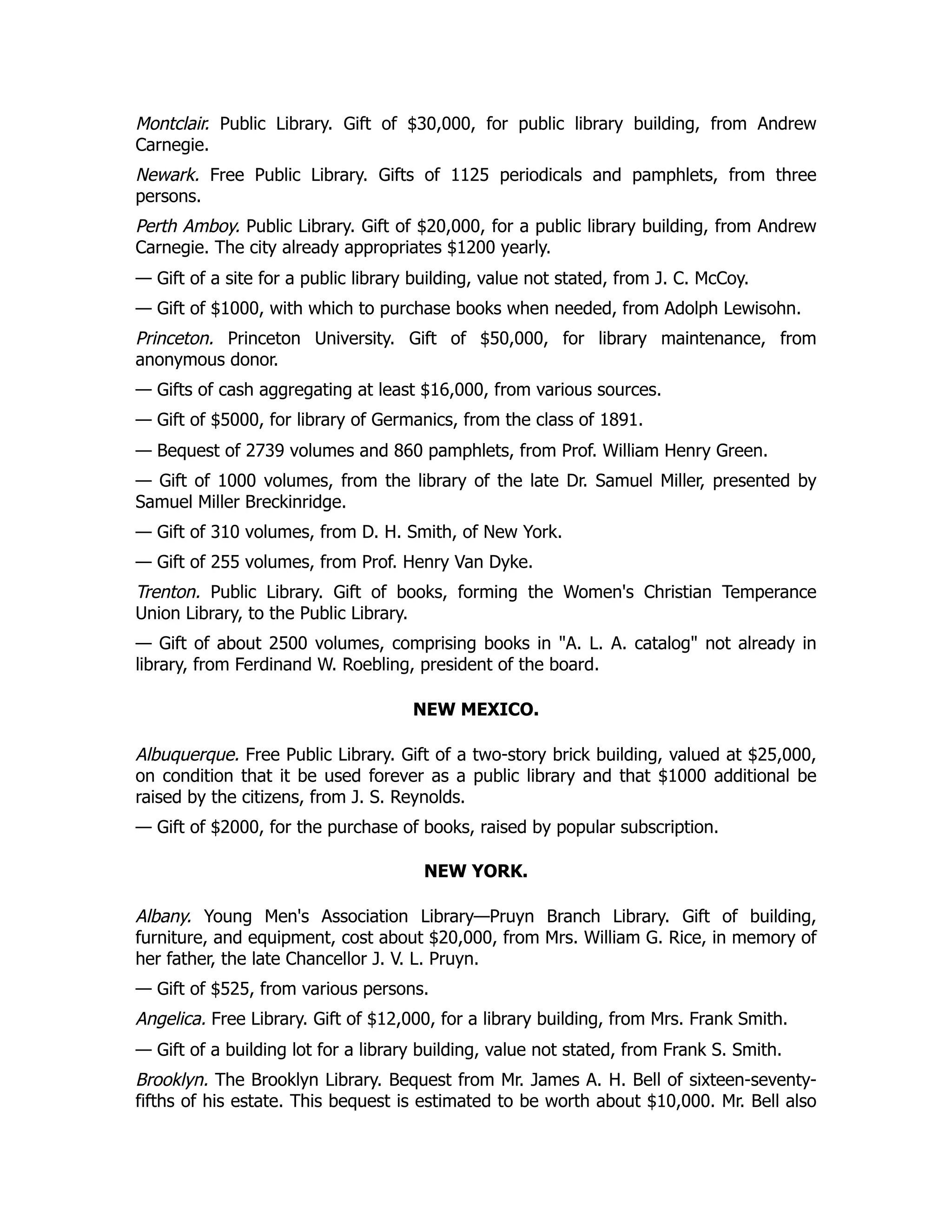 Montclair. Public Library. Gift of $30,000, for public library building, from Andrew
Carnegie.
Newark. Free Public Library. Gifts of 1125 periodicals and pamphlets, from three
persons.
Perth Amboy. Public Library. Gift of $20,000, for a public library building, from Andrew
Carnegie. The city already appropriates $1200 yearly.
— Gift of a site for a public library building, value not stated, from J. C. McCoy.
— Gift of $1000, with which to purchase books when needed, from Adolph Lewisohn.
Princeton. Princeton University. Gift of $50,000, for library maintenance, from
anonymous donor.
— Gifts of cash aggregating at least $16,000, from various sources.
— Gift of $5000, for library of Germanics, from the class of 1891.
— Bequest of 2739 volumes and 860 pamphlets, from Prof. William Henry Green.
— Gift of 1000 volumes, from the library of the late Dr. Samuel Miller, presented by
Samuel Miller Breckinridge.
— Gift of 310 volumes, from D. H. Smith, of New York.
— Gift of 255 volumes, from Prof. Henry Van Dyke.
Trenton. Public Library. Gift of books, forming the Women's Christian Temperance
Union Library, to the Public Library.
— Gift of about 2500 volumes, comprising books in "A. L. A. catalog" not already in
library, from Ferdinand W. Roebling, president of the board.
NEW MEXICO.
Albuquerque. Free Public Library. Gift of a two-story brick building, valued at $25,000,
on condition that it be used forever as a public library and that $1000 additional be
raised by the citizens, from J. S. Reynolds.
— Gift of $2000, for the purchase of books, raised by popular subscription.
NEW YORK.
Albany. Young Men's Association Library—Pruyn Branch Library. Gift of building,
furniture, and equipment, cost about $20,000, from Mrs. William G. Rice, in memory of
her father, the late Chancellor J. V. L. Pruyn.
— Gift of $525, from various persons.
Angelica. Free Library. Gift of $12,000, for a library building, from Mrs. Frank Smith.
— Gift of a building lot for a library building, value not stated, from Frank S. Smith.
Brooklyn. The Brooklyn Library. Bequest from Mr. James A. H. Bell of sixteen-seventy-
fifths of his estate. This bequest is estimated to be worth about $10,000. Mr. Bell also
 