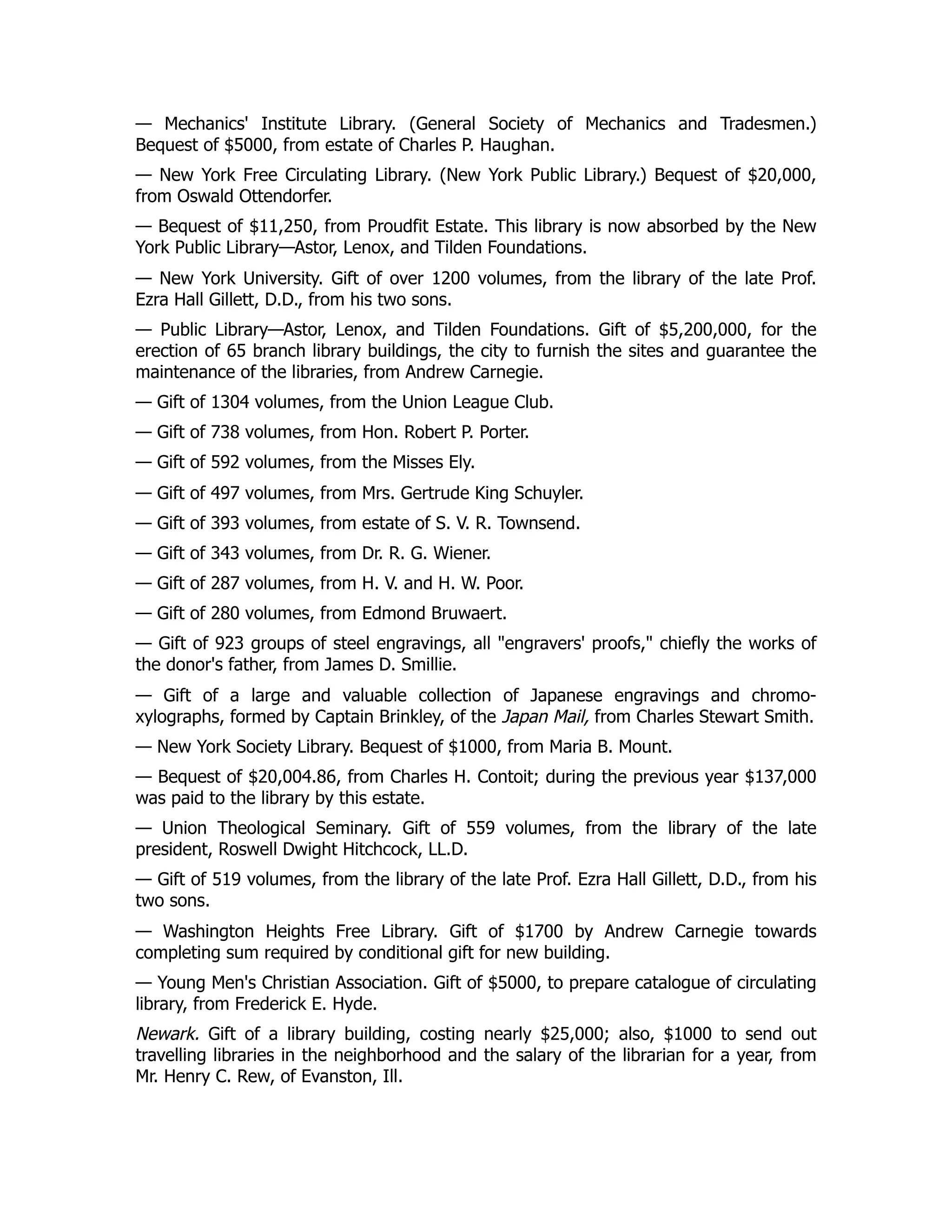 — Mechanics' Institute Library. (General Society of Mechanics and Tradesmen.)
Bequest of $5000, from estate of Charles P. Haughan.
— New York Free Circulating Library. (New York Public Library.) Bequest of $20,000,
from Oswald Ottendorfer.
— Bequest of $11,250, from Proudfit Estate. This library is now absorbed by the New
York Public Library—Astor, Lenox, and Tilden Foundations.
— New York University. Gift of over 1200 volumes, from the library of the late Prof.
Ezra Hall Gillett, D.D., from his two sons.
— Public Library—Astor, Lenox, and Tilden Foundations. Gift of $5,200,000, for the
erection of 65 branch library buildings, the city to furnish the sites and guarantee the
maintenance of the libraries, from Andrew Carnegie.
— Gift of 1304 volumes, from the Union League Club.
— Gift of 738 volumes, from Hon. Robert P. Porter.
— Gift of 592 volumes, from the Misses Ely.
— Gift of 497 volumes, from Mrs. Gertrude King Schuyler.
— Gift of 393 volumes, from estate of S. V. R. Townsend.
— Gift of 343 volumes, from Dr. R. G. Wiener.
— Gift of 287 volumes, from H. V. and H. W. Poor.
— Gift of 280 volumes, from Edmond Bruwaert.
— Gift of 923 groups of steel engravings, all "engravers' proofs," chiefly the works of
the donor's father, from James D. Smillie.
— Gift of a large and valuable collection of Japanese engravings and chromo-
xylographs, formed by Captain Brinkley, of the Japan Mail, from Charles Stewart Smith.
— New York Society Library. Bequest of $1000, from Maria B. Mount.
— Bequest of $20,004.86, from Charles H. Contoit; during the previous year $137,000
was paid to the library by this estate.
— Union Theological Seminary. Gift of 559 volumes, from the library of the late
president, Roswell Dwight Hitchcock, LL.D.
— Gift of 519 volumes, from the library of the late Prof. Ezra Hall Gillett, D.D., from his
two sons.
— Washington Heights Free Library. Gift of $1700 by Andrew Carnegie towards
completing sum required by conditional gift for new building.
— Young Men's Christian Association. Gift of $5000, to prepare catalogue of circulating
library, from Frederick E. Hyde.
Newark. Gift of a library building, costing nearly $25,000; also, $1000 to send out
travelling libraries in the neighborhood and the salary of the librarian for a year, from
Mr. Henry C. Rew, of Evanston, Ill.
 