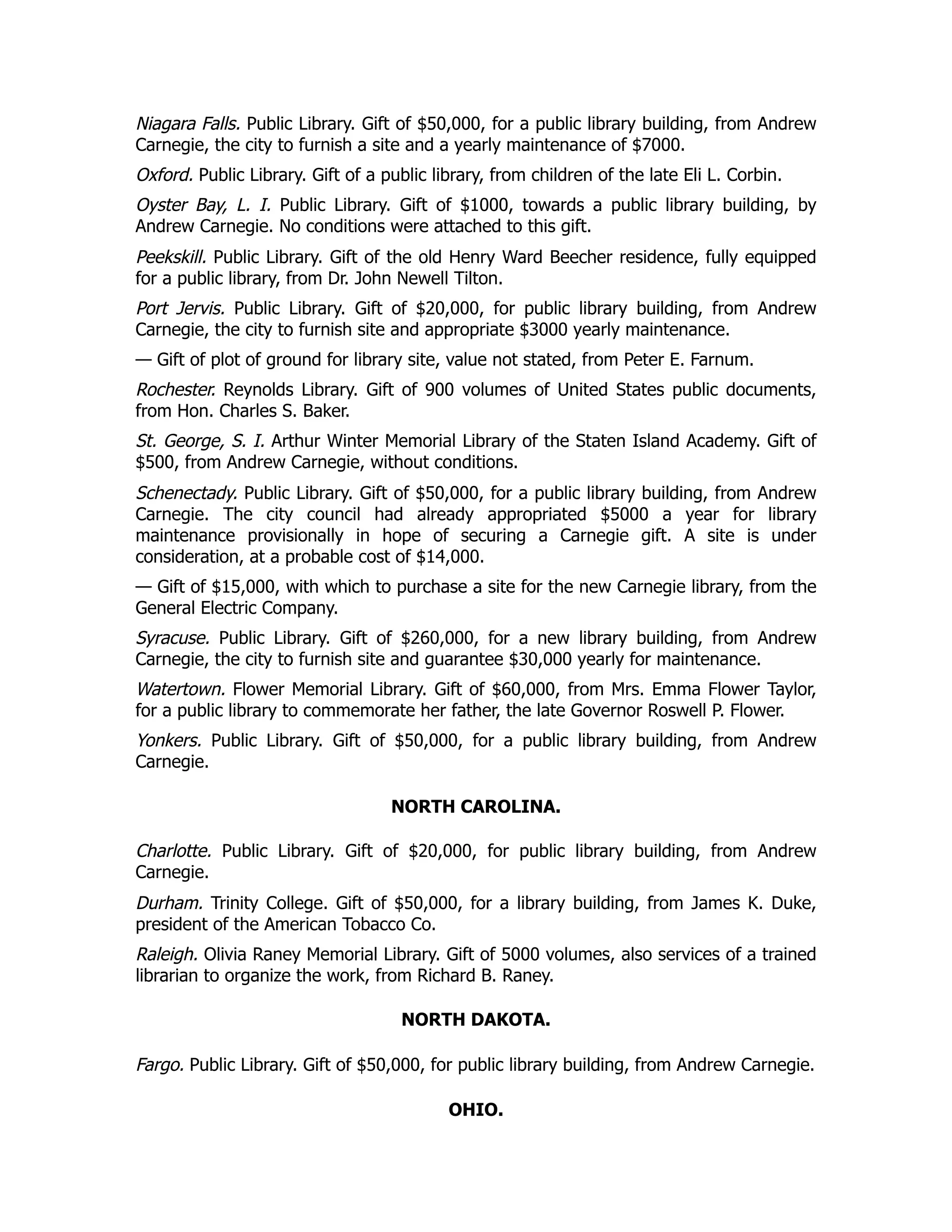 Niagara Falls. Public Library. Gift of $50,000, for a public library building, from Andrew
Carnegie, the city to furnish a site and a yearly maintenance of $7000.
Oxford. Public Library. Gift of a public library, from children of the late Eli L. Corbin.
Oyster Bay, L. I. Public Library. Gift of $1000, towards a public library building, by
Andrew Carnegie. No conditions were attached to this gift.
Peekskill. Public Library. Gift of the old Henry Ward Beecher residence, fully equipped
for a public library, from Dr. John Newell Tilton.
Port Jervis. Public Library. Gift of $20,000, for public library building, from Andrew
Carnegie, the city to furnish site and appropriate $3000 yearly maintenance.
— Gift of plot of ground for library site, value not stated, from Peter E. Farnum.
Rochester. Reynolds Library. Gift of 900 volumes of United States public documents,
from Hon. Charles S. Baker.
St. George, S. I. Arthur Winter Memorial Library of the Staten Island Academy. Gift of
$500, from Andrew Carnegie, without conditions.
Schenectady. Public Library. Gift of $50,000, for a public library building, from Andrew
Carnegie. The city council had already appropriated $5000 a year for library
maintenance provisionally in hope of securing a Carnegie gift. A site is under
consideration, at a probable cost of $14,000.
— Gift of $15,000, with which to purchase a site for the new Carnegie library, from the
General Electric Company.
Syracuse. Public Library. Gift of $260,000, for a new library building, from Andrew
Carnegie, the city to furnish site and guarantee $30,000 yearly for maintenance.
Watertown. Flower Memorial Library. Gift of $60,000, from Mrs. Emma Flower Taylor,
for a public library to commemorate her father, the late Governor Roswell P. Flower.
Yonkers. Public Library. Gift of $50,000, for a public library building, from Andrew
Carnegie.
NORTH CAROLINA.
Charlotte. Public Library. Gift of $20,000, for public library building, from Andrew
Carnegie.
Durham. Trinity College. Gift of $50,000, for a library building, from James K. Duke,
president of the American Tobacco Co.
Raleigh. Olivia Raney Memorial Library. Gift of 5000 volumes, also services of a trained
librarian to organize the work, from Richard B. Raney.
NORTH DAKOTA.
Fargo. Public Library. Gift of $50,000, for public library building, from Andrew Carnegie.
OHIO.
 