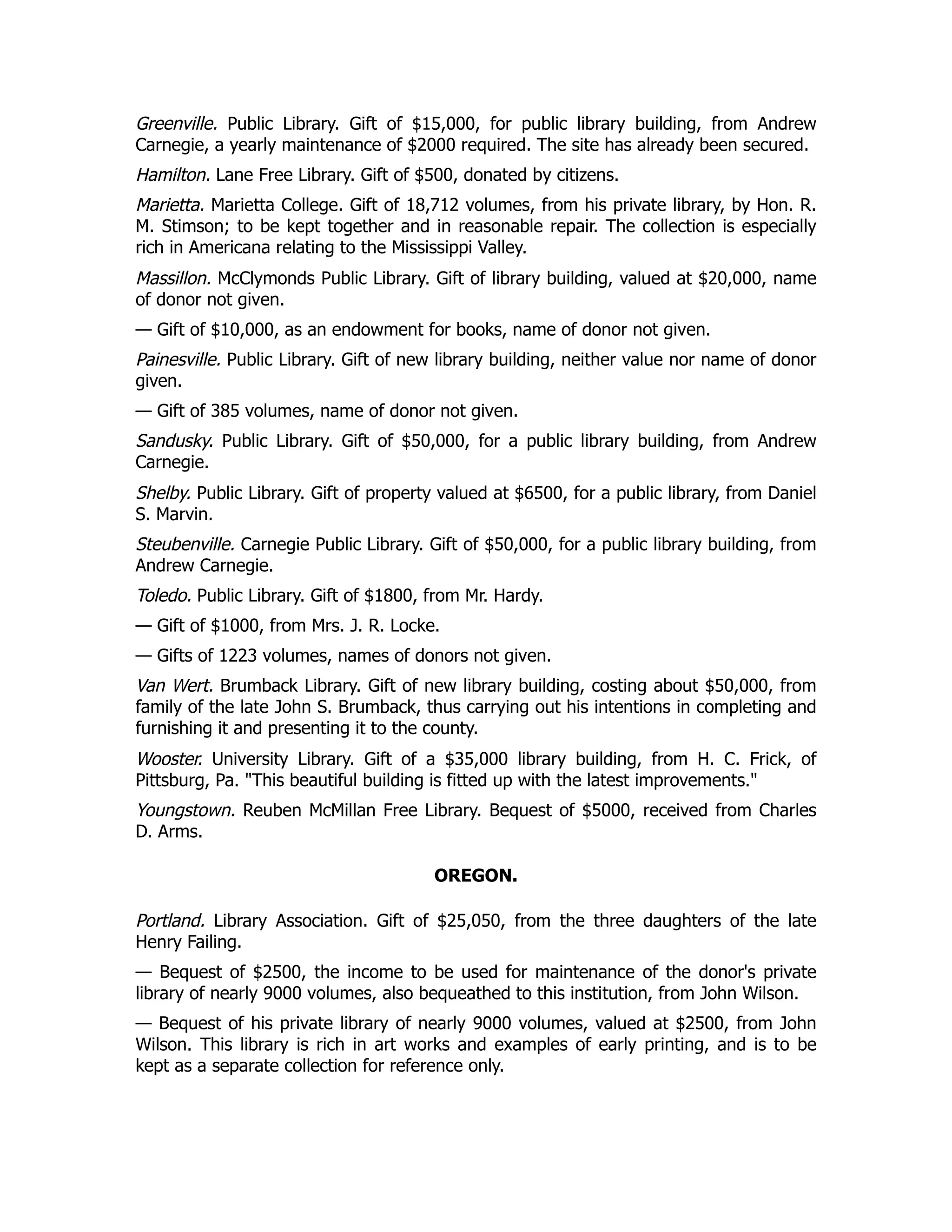 Greenville. Public Library. Gift of $15,000, for public library building, from Andrew
Carnegie, a yearly maintenance of $2000 required. The site has already been secured.
Hamilton. Lane Free Library. Gift of $500, donated by citizens.
Marietta. Marietta College. Gift of 18,712 volumes, from his private library, by Hon. R.
M. Stimson; to be kept together and in reasonable repair. The collection is especially
rich in Americana relating to the Mississippi Valley.
Massillon. McClymonds Public Library. Gift of library building, valued at $20,000, name
of donor not given.
— Gift of $10,000, as an endowment for books, name of donor not given.
Painesville. Public Library. Gift of new library building, neither value nor name of donor
given.
— Gift of 385 volumes, name of donor not given.
Sandusky. Public Library. Gift of $50,000, for a public library building, from Andrew
Carnegie.
Shelby. Public Library. Gift of property valued at $6500, for a public library, from Daniel
S. Marvin.
Steubenville. Carnegie Public Library. Gift of $50,000, for a public library building, from
Andrew Carnegie.
Toledo. Public Library. Gift of $1800, from Mr. Hardy.
— Gift of $1000, from Mrs. J. R. Locke.
— Gifts of 1223 volumes, names of donors not given.
Van Wert. Brumback Library. Gift of new library building, costing about $50,000, from
family of the late John S. Brumback, thus carrying out his intentions in completing and
furnishing it and presenting it to the county.
Wooster. University Library. Gift of a $35,000 library building, from H. C. Frick, of
Pittsburg, Pa. "This beautiful building is fitted up with the latest improvements."
Youngstown. Reuben McMillan Free Library. Bequest of $5000, received from Charles
D. Arms.
OREGON.
Portland. Library Association. Gift of $25,050, from the three daughters of the late
Henry Failing.
— Bequest of $2500, the income to be used for maintenance of the donor's private
library of nearly 9000 volumes, also bequeathed to this institution, from John Wilson.
— Bequest of his private library of nearly 9000 volumes, valued at $2500, from John
Wilson. This library is rich in art works and examples of early printing, and is to be
kept as a separate collection for reference only.
 