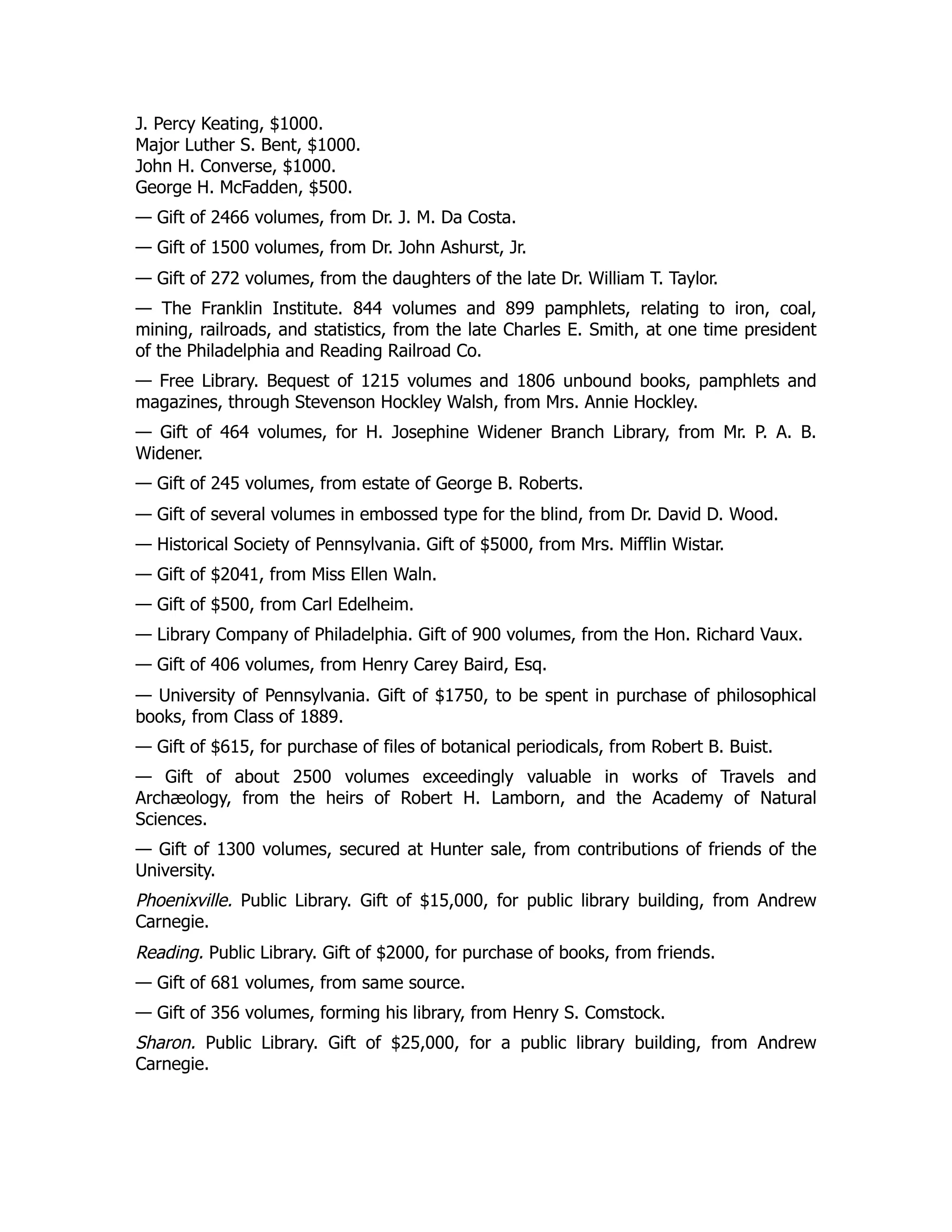 J. Percy Keating, $1000.
Major Luther S. Bent, $1000.
John H. Converse, $1000.
George H. McFadden, $500.
— Gift of 2466 volumes, from Dr. J. M. Da Costa.
— Gift of 1500 volumes, from Dr. John Ashurst, Jr.
— Gift of 272 volumes, from the daughters of the late Dr. William T. Taylor.
— The Franklin Institute. 844 volumes and 899 pamphlets, relating to iron, coal,
mining, railroads, and statistics, from the late Charles E. Smith, at one time president
of the Philadelphia and Reading Railroad Co.
— Free Library. Bequest of 1215 volumes and 1806 unbound books, pamphlets and
magazines, through Stevenson Hockley Walsh, from Mrs. Annie Hockley.
— Gift of 464 volumes, for H. Josephine Widener Branch Library, from Mr. P. A. B.
Widener.
— Gift of 245 volumes, from estate of George B. Roberts.
— Gift of several volumes in embossed type for the blind, from Dr. David D. Wood.
— Historical Society of Pennsylvania. Gift of $5000, from Mrs. Mifflin Wistar.
— Gift of $2041, from Miss Ellen Waln.
— Gift of $500, from Carl Edelheim.
— Library Company of Philadelphia. Gift of 900 volumes, from the Hon. Richard Vaux.
— Gift of 406 volumes, from Henry Carey Baird, Esq.
— University of Pennsylvania. Gift of $1750, to be spent in purchase of philosophical
books, from Class of 1889.
— Gift of $615, for purchase of files of botanical periodicals, from Robert B. Buist.
— Gift of about 2500 volumes exceedingly valuable in works of Travels and
Archæology, from the heirs of Robert H. Lamborn, and the Academy of Natural
Sciences.
— Gift of 1300 volumes, secured at Hunter sale, from contributions of friends of the
University.
Phoenixville. Public Library. Gift of $15,000, for public library building, from Andrew
Carnegie.
Reading. Public Library. Gift of $2000, for purchase of books, from friends.
— Gift of 681 volumes, from same source.
— Gift of 356 volumes, forming his library, from Henry S. Comstock.
Sharon. Public Library. Gift of $25,000, for a public library building, from Andrew
Carnegie.
 