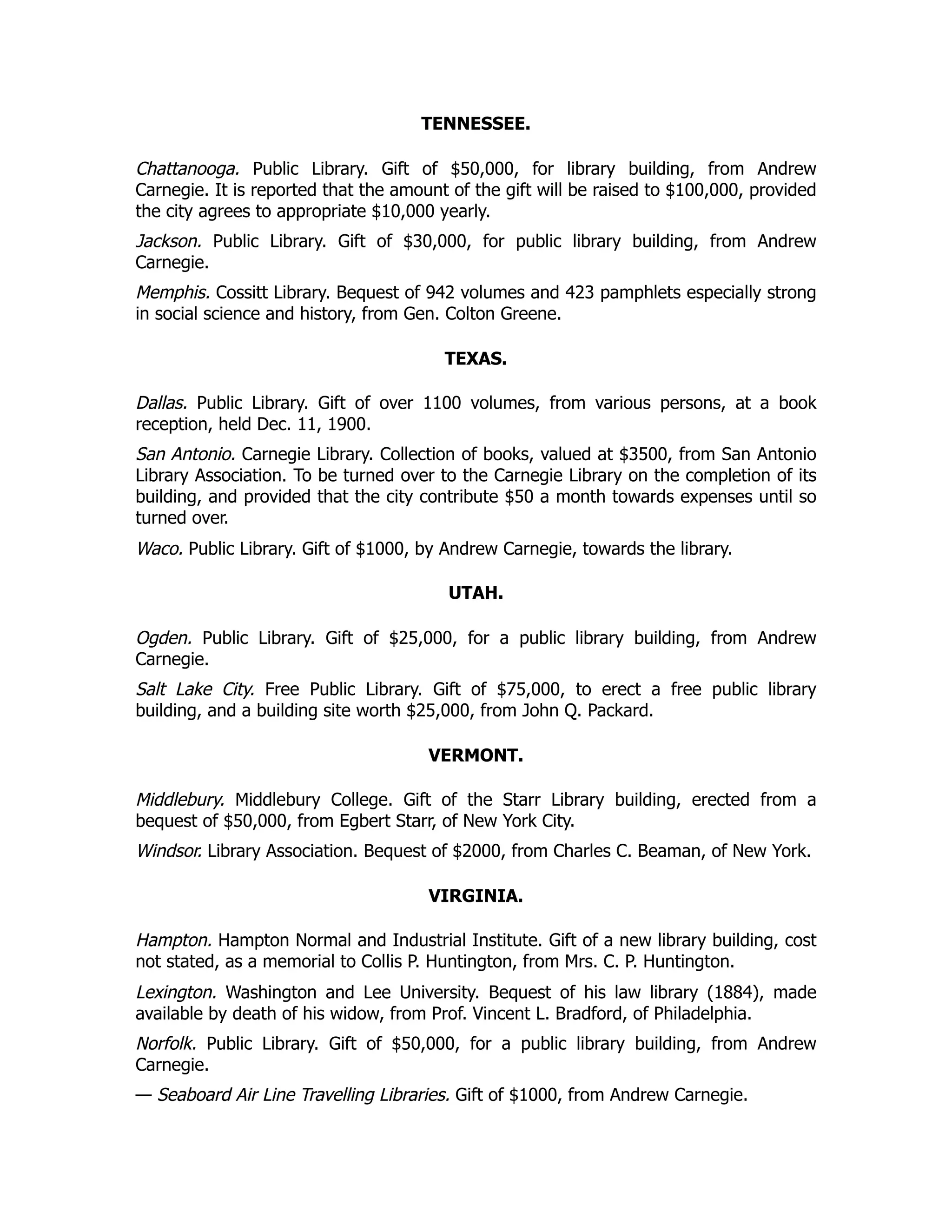 TENNESSEE.
Chattanooga. Public Library. Gift of $50,000, for library building, from Andrew
Carnegie. It is reported that the amount of the gift will be raised to $100,000, provided
the city agrees to appropriate $10,000 yearly.
Jackson. Public Library. Gift of $30,000, for public library building, from Andrew
Carnegie.
Memphis. Cossitt Library. Bequest of 942 volumes and 423 pamphlets especially strong
in social science and history, from Gen. Colton Greene.
TEXAS.
Dallas. Public Library. Gift of over 1100 volumes, from various persons, at a book
reception, held Dec. 11, 1900.
San Antonio. Carnegie Library. Collection of books, valued at $3500, from San Antonio
Library Association. To be turned over to the Carnegie Library on the completion of its
building, and provided that the city contribute $50 a month towards expenses until so
turned over.
Waco. Public Library. Gift of $1000, by Andrew Carnegie, towards the library.
UTAH.
Ogden. Public Library. Gift of $25,000, for a public library building, from Andrew
Carnegie.
Salt Lake City. Free Public Library. Gift of $75,000, to erect a free public library
building, and a building site worth $25,000, from John Q. Packard.
VERMONT.
Middlebury. Middlebury College. Gift of the Starr Library building, erected from a
bequest of $50,000, from Egbert Starr, of New York City.
Windsor. Library Association. Bequest of $2000, from Charles C. Beaman, of New York.
VIRGINIA.
Hampton. Hampton Normal and Industrial Institute. Gift of a new library building, cost
not stated, as a memorial to Collis P. Huntington, from Mrs. C. P. Huntington.
Lexington. Washington and Lee University. Bequest of his law library (1884), made
available by death of his widow, from Prof. Vincent L. Bradford, of Philadelphia.
Norfolk. Public Library. Gift of $50,000, for a public library building, from Andrew
Carnegie.
— Seaboard Air Line Travelling Libraries. Gift of $1000, from Andrew Carnegie.
 
