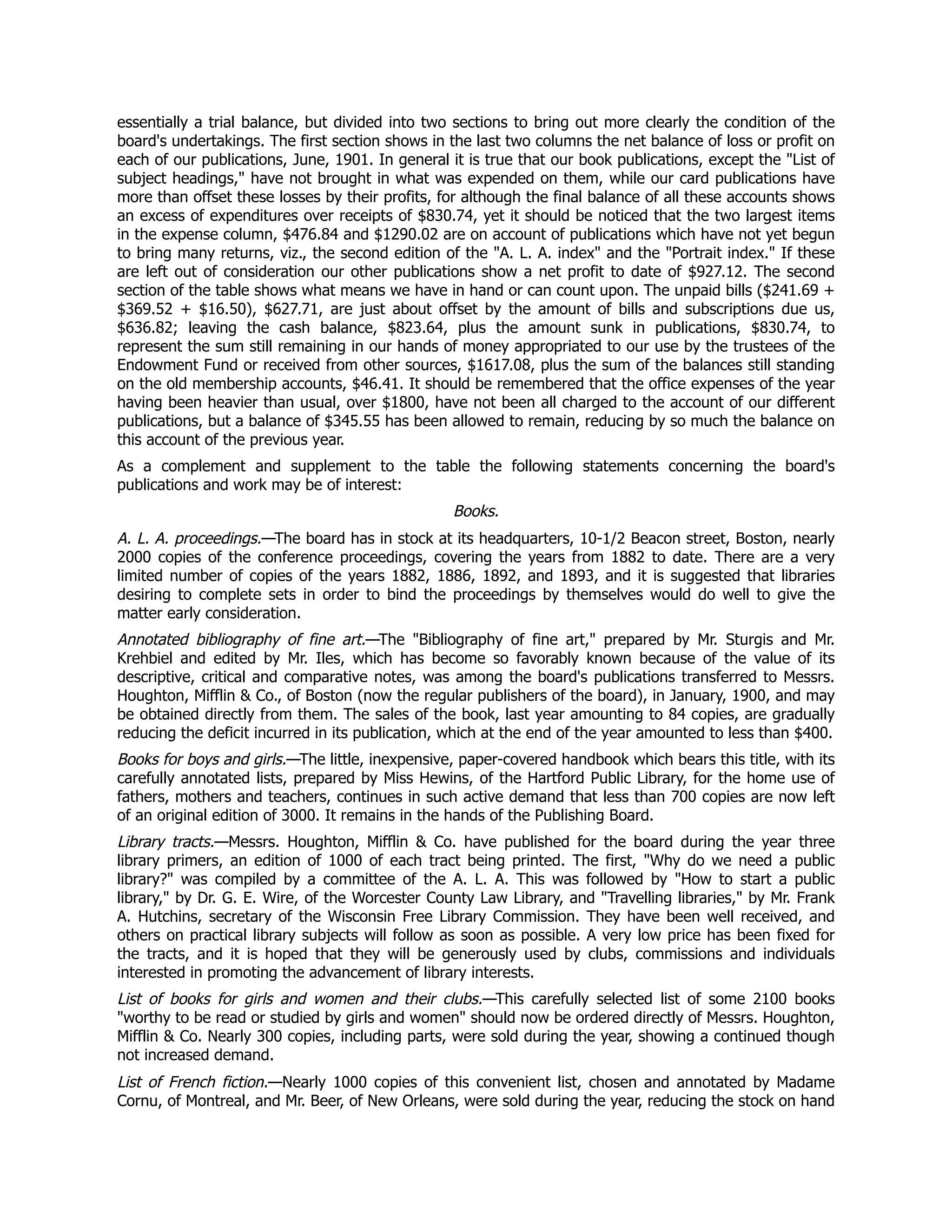 essentially a trial balance, but divided into two sections to bring out more clearly the condition of the
board's undertakings. The first section shows in the last two columns the net balance of loss or profit on
each of our publications, June, 1901. In general it is true that our book publications, except the "List of
subject headings," have not brought in what was expended on them, while our card publications have
more than offset these losses by their profits, for although the final balance of all these accounts shows
an excess of expenditures over receipts of $830.74, yet it should be noticed that the two largest items
in the expense column, $476.84 and $1290.02 are on account of publications which have not yet begun
to bring many returns, viz., the second edition of the "A. L. A. index" and the "Portrait index." If these
are left out of consideration our other publications show a net profit to date of $927.12. The second
section of the table shows what means we have in hand or can count upon. The unpaid bills ($241.69 +
$369.52 + $16.50), $627.71, are just about offset by the amount of bills and subscriptions due us,
$636.82; leaving the cash balance, $823.64, plus the amount sunk in publications, $830.74, to
represent the sum still remaining in our hands of money appropriated to our use by the trustees of the
Endowment Fund or received from other sources, $1617.08, plus the sum of the balances still standing
on the old membership accounts, $46.41. It should be remembered that the office expenses of the year
having been heavier than usual, over $1800, have not been all charged to the account of our different
publications, but a balance of $345.55 has been allowed to remain, reducing by so much the balance on
this account of the previous year.
As a complement and supplement to the table the following statements concerning the board's
publications and work may be of interest:
Books.
A. L. A. proceedings.—The board has in stock at its headquarters, 10-1/2 Beacon street, Boston, nearly
2000 copies of the conference proceedings, covering the years from 1882 to date. There are a very
limited number of copies of the years 1882, 1886, 1892, and 1893, and it is suggested that libraries
desiring to complete sets in order to bind the proceedings by themselves would do well to give the
matter early consideration.
Annotated bibliography of fine art.—The "Bibliography of fine art," prepared by Mr. Sturgis and Mr.
Krehbiel and edited by Mr. Iles, which has become so favorably known because of the value of its
descriptive, critical and comparative notes, was among the board's publications transferred to Messrs.
Houghton, Mifflin & Co., of Boston (now the regular publishers of the board), in January, 1900, and may
be obtained directly from them. The sales of the book, last year amounting to 84 copies, are gradually
reducing the deficit incurred in its publication, which at the end of the year amounted to less than $400.
Books for boys and girls.—The little, inexpensive, paper-covered handbook which bears this title, with its
carefully annotated lists, prepared by Miss Hewins, of the Hartford Public Library, for the home use of
fathers, mothers and teachers, continues in such active demand that less than 700 copies are now left
of an original edition of 3000. It remains in the hands of the Publishing Board.
Library tracts.—Messrs. Houghton, Mifflin & Co. have published for the board during the year three
library primers, an edition of 1000 of each tract being printed. The first, "Why do we need a public
library?" was compiled by a committee of the A. L. A. This was followed by "How to start a public
library," by Dr. G. E. Wire, of the Worcester County Law Library, and "Travelling libraries," by Mr. Frank
A. Hutchins, secretary of the Wisconsin Free Library Commission. They have been well received, and
others on practical library subjects will follow as soon as possible. A very low price has been fixed for
the tracts, and it is hoped that they will be generously used by clubs, commissions and individuals
interested in promoting the advancement of library interests.
List of books for girls and women and their clubs.—This carefully selected list of some 2100 books
"worthy to be read or studied by girls and women" should now be ordered directly of Messrs. Houghton,
Mifflin & Co. Nearly 300 copies, including parts, were sold during the year, showing a continued though
not increased demand.
List of French fiction.—Nearly 1000 copies of this convenient list, chosen and annotated by Madame
Cornu, of Montreal, and Mr. Beer, of New Orleans, were sold during the year, reducing the stock on hand
 