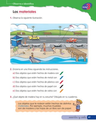 Observa e identifica
                                                                         Unidad


   Los materiales
1 . Observa la siguiente ilustración.




2 . Encierra en una línea siguiendo las instrucciones.
   a) Dos objetos que estén hechos de madera con
   b) Dos objetos que estén hechos de metal con
   c ) Dos objetos que estén hechos de plástico con
   d) Dos objetos que estén hechos de papel con
   e) Dos objetos que estén hechos de vidrio con

3 . ¿Qué objeto de madera hay en tu estuche? Dibújalo en tu cuaderno.

         Los objetos que te rodean están hechos de distintos
         materiales. Por ejemplo, muchos muebles
         son de madera y las hojas de un libro son de papel.



                                                            &sesenta y &siete     67
 