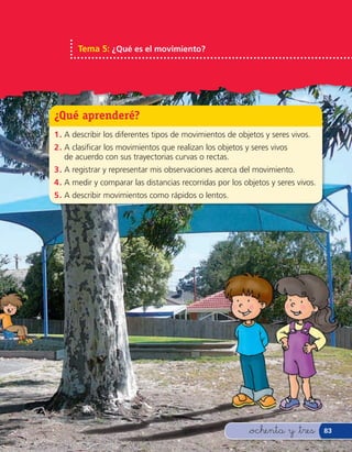 Tema 5: ¿Qué es el movimiento?




¿Qué aprenderé?
1 . A describir los diferentes tipos de movimientos de objetos y seres vivos.
2 . A clasiﬁcar los movimientos que realizan los objetos y seres vivos
    de acuerdo con sus trayectorias curvas o rectas.
3 . A registrar y representar mis observaciones acerca del movimiento.
4 . A medir y comparar las distancias recorridas por los objetos y seres vivos.
5 . A describir movimientos como rápidos o lentos.




                                                          &ochenta y &tres        83
 