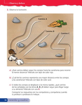 Observa y deduce


     2 . Observa la ilustración.



                                            Camino A




                                                      Camino B
                                                                         Camino C




        a) ¿Qué camino deben seguir los conejos hasta las zanahorias para recorrer
           la menor distancia? Márcalo con lápiz de color rojo.

        b) ¿Cuál de los caminos representa una mayor distancia entre los conejos
           y las zanahorias? Márcalo con lápiz de color azul.

        c ) Si todos los conejos se desplazan a la misma rapidez, ¿qué camino
            de los señalados con las letras A, B y C deben seguir para llegar luego
            a su alimento? Márcalo con una X.
           Comparte tus respuestas con tus compañeros y compañeras cuando
           tu profesor o profesora lo indique.

94     noventa y &cuatro
 
