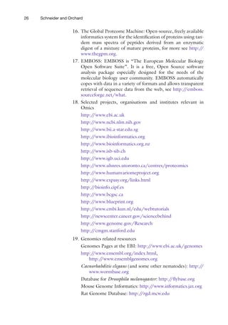 26 Schneider and Orchard
16. The Global Proteome Machine: Open-source, freely available
informatics system for the identification of proteins using tan-
dem mass spectra of peptides derived from an enzymatic
digest of a mixture of mature proteins, for more see http:/
/
www.thegpm.org.
17. EMBOSS: EMBOSS is “The European Molecular Biology
Open Software Suite”. It is a free, Open Source software
analysis package especially designed for the needs of the
molecular biology user community. EMBOSS automatically
copes with data in a variety of formats and allows transparent
retrieval of sequence data from the web, see http:/
/emboss.
sourceforge.net/what.
18. Selected projects, organisations and institutes relevant in
Omics
http:/
/www.ebi.ac.uk
http:/
/www.ncbi.nlm.nih.gov
http:/
/www.bii.a-star.edu.sg
http:/
/www.ibioinformatics.org
http:/
/www.bioinformatics.org.nz
http:/
/www.isb-sib.ch
http:/
/www.igb.uci.edu
http:/
/www.uhnres.utoronto.ca/centres/proteomics
http:/
/www.humanvariomeproject.org
http:/
/www.expasy.org/links.html
http:/
/bioinfo.cipf.es
http:/
/www.bcgsc.ca
http:/
/www.blueprint.org
http:/
/www.cmbi.kun.nl/edu/webtutorials
http:/
/newscenter.cancer.gov/sciencebehind
http:/
/www.genome.gov/Research
http:/
/cmgm.stanford.edu
19. Genomics related resources
Genomes Pages at the EBI: http:/
/www.ebi.ac.uk/genomes
http:/
/www.ensembl.org/index.html,
http:/
/www.ensemblgenomes.org
Caenorhabditis elegans (and some other nematodes): http:/
/
www.wormbase.org
Database for Drosophila melanogaster: http:/
/flybase.org
Mouse Genome Informatics: http:/
/www.informatics.jax.org
Rat Genome Database: http:/
/rgd.mcw.edu
 