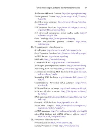 27
Omics Technologies, Data and Bioinformatics Principles
Saccharomyces Genome Database: http:/
/www.yeastgenome.org
Pombe genome Project: http:/
/www.sanger.ac.uk/Projects/
S_pombe
AceDB genome database: http:/
/www.acedb.org/introduc-
tion.shtml
HIV Sequence Database: http:/
/www.hiv.lanl.gov/content/
sequence/HIV/mainpage.html
3-D structural information about nucleic acids: http:/
/
ndbserver.rutgers.edu
Gene Ontology: http:/
/www.geneontology.org
Human mitochondrial genome database: http:/
/www.
mitomap.org
20. Transcriptomics related resources
ArrayExpress: http:/
/www.ebi.ac.uk/microarray-as/ae
Gene Expression Omnibus: http:/
/www.ncbi.nlm.nih.gov/geo
MGED Society: http:/
/www.mged.org
miRBASE: http:/
/www.mirbase.org
Comparative RNA: http:/
/www.rna.ccbb.utexas.edu
Arabidopsis gene expression database: http:/
/www.arexdb.org
Noncoding RNA database: http:/
/www.ncrna.org/frnadb
Mammalian noncoding RNA database: http:/
/jsm-research.
imb.uq.edu.au/rnadb
Noncoding RNA databases: http:/
/biobases.ibch.poznan.pl/
ncRNA
Comprehensive Ribosomal RNA database: http:/
/www.
arb-silva.de
RNA modification pathways: http:/
/modomics.genesilico.pl
RNA modification database: http:/
/library.med.utah.edu/
RNAmods
RNAi database: http:/
/nematoda.bio.nyu.edu:8001/cgi-bin/
index.cgi
Genomic tRNA database: http:/
/gtrnadb.ucsc.edu
MicroCosm Targets: http:/
/www.ebi.ac.uk/enright-srv/
microcosm/htdocs/targets/v5
miRNA sequences: http:/
/www.ebi.ac.uk/enright-srv/MapMi
microRNA binding and siRNA off-target effects: http:/
/
www.ebi.ac.uk/enright/sylamer
21. Proteomics related resources
Protein sequences: http:/
/www.uniprot.org
ExPaSy Proteomics Service: http:/
/www.expasy.org
 