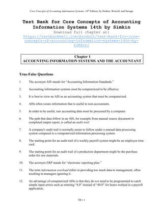 Test Bank for Core Concepts of Accounting Information Systems 14th by ...